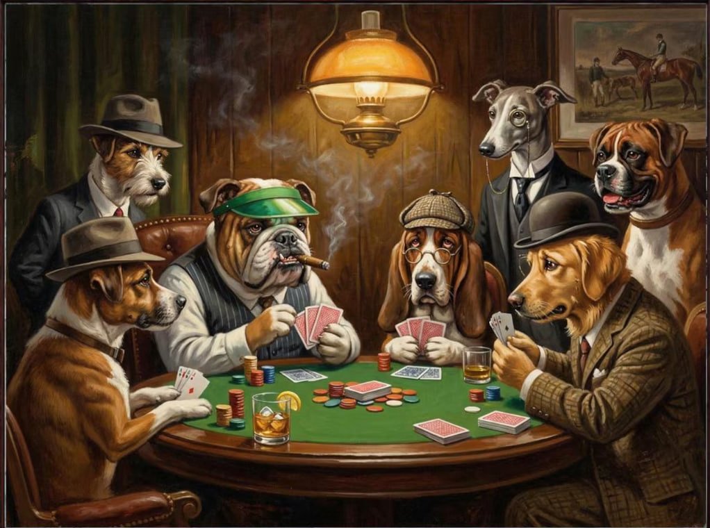 Dogs in suits and hats playing poker around a green table under a lamp